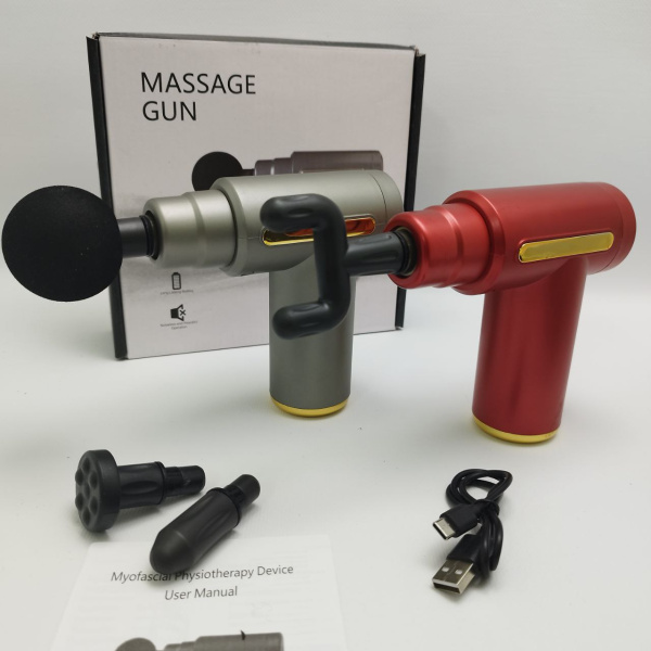 Компактный портативный мышечный массажер (массажный перкуссионный ударный пистолет) Massage Gun SY-720 (4 насадки, 6 режимов интенсивности, USB / Type-C зарядка)